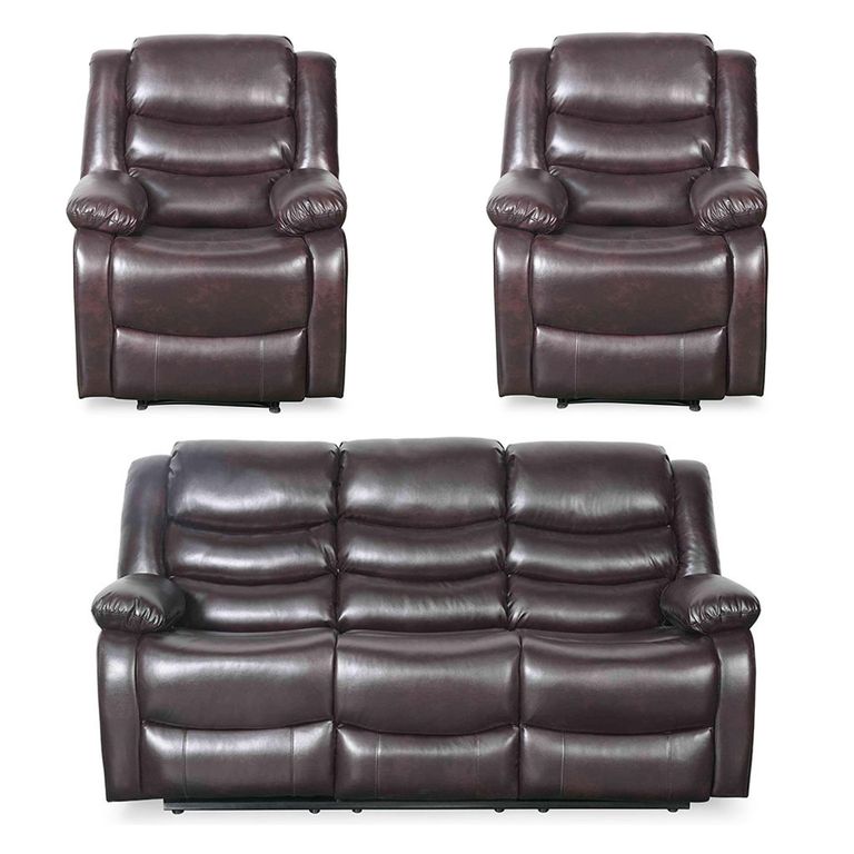 Conrad Manual Recliner Sofa Set - Brown Leather - 3+1+1 Seater
