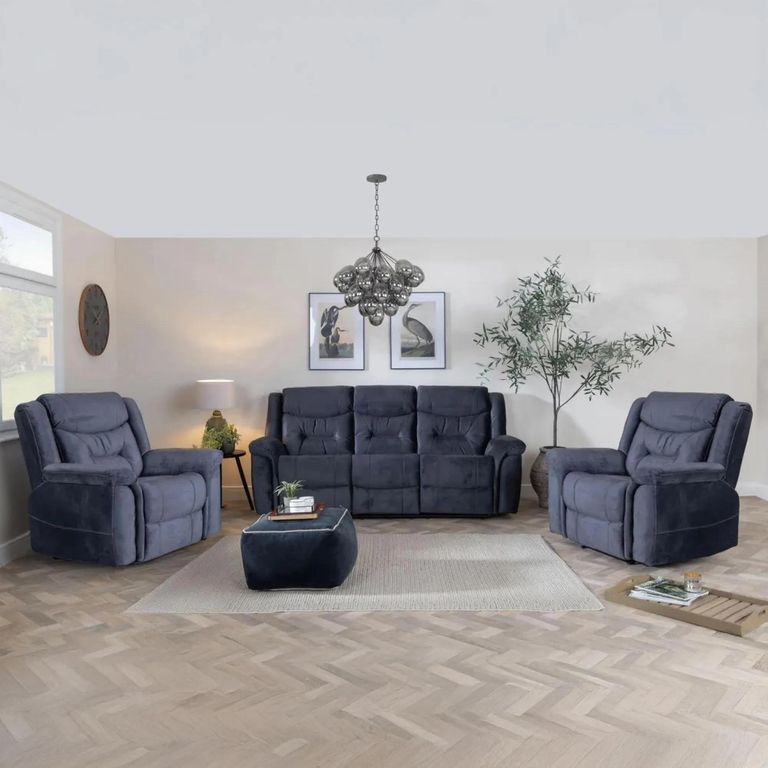 Dudley Silvano Blue Fabric 3+1+1 Recliner Sofa Set