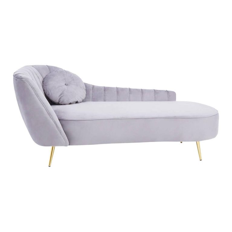 Felizia Lounge Chaise - Left Arm - Grey Velvet Fabric with Gold Legs