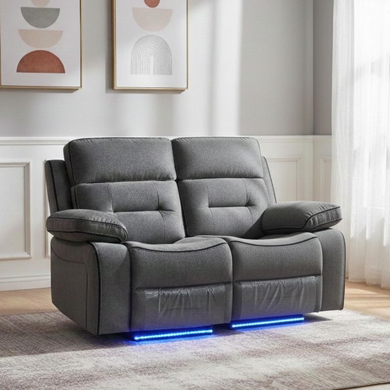 Foster Grey Fabric 2 Seater Recliner Sofa with LED Lights