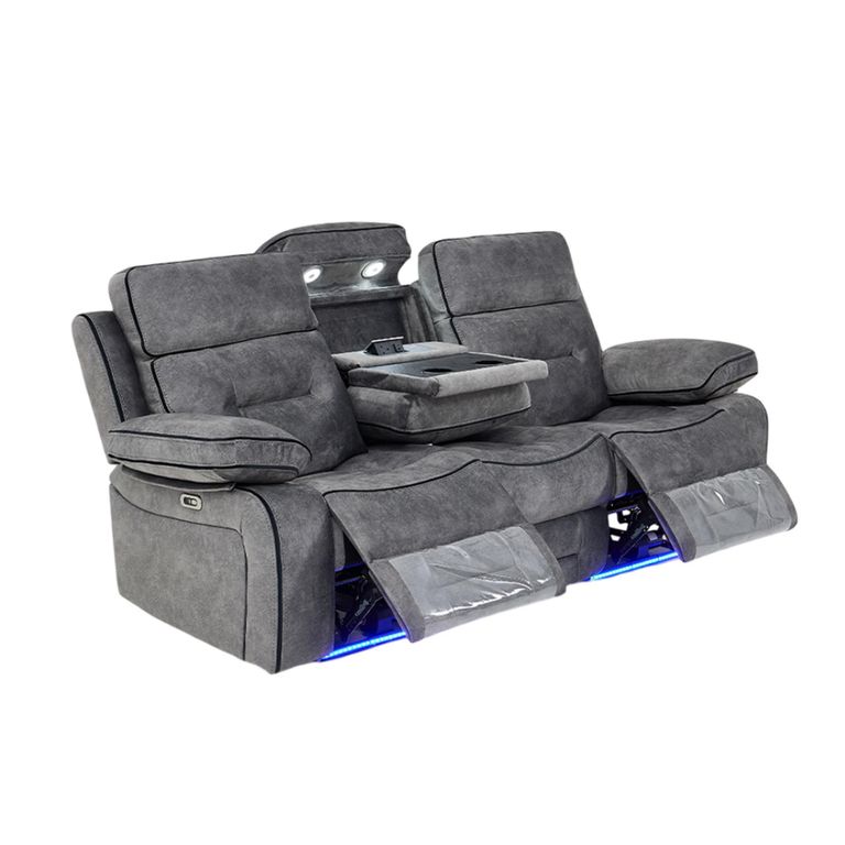 Foster Grey Fabric 3+2 Seater Recliner Sofa Set with LED Lights, Drop-Down Table & Cup Holders