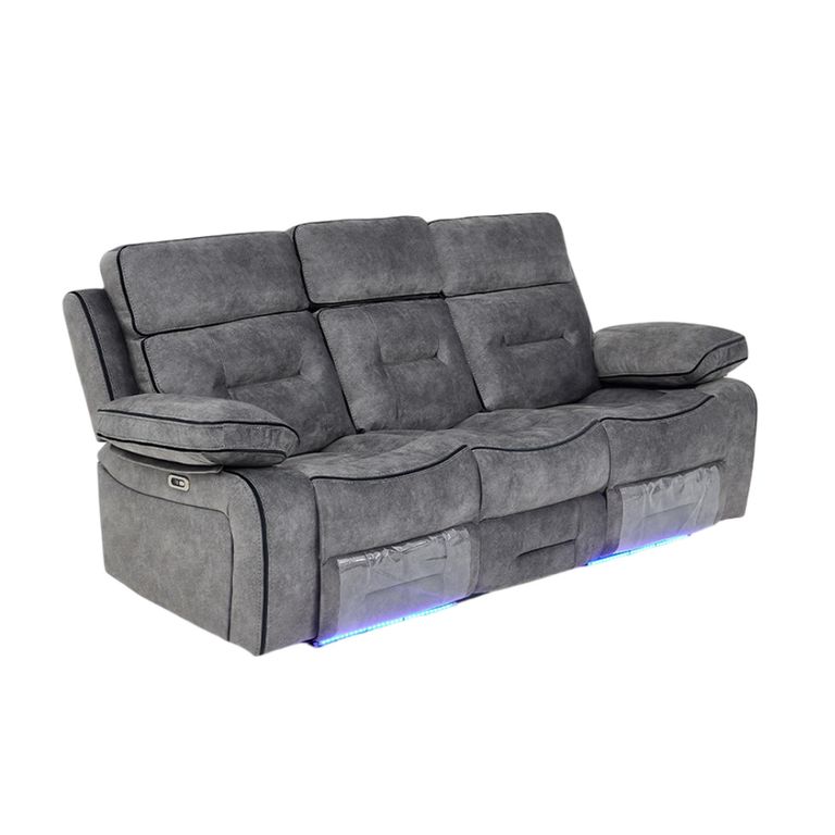 Foster Grey Fabric 3 Seater Recliner Sofa with LED Lights, Drop-Down Table & Cup Holders