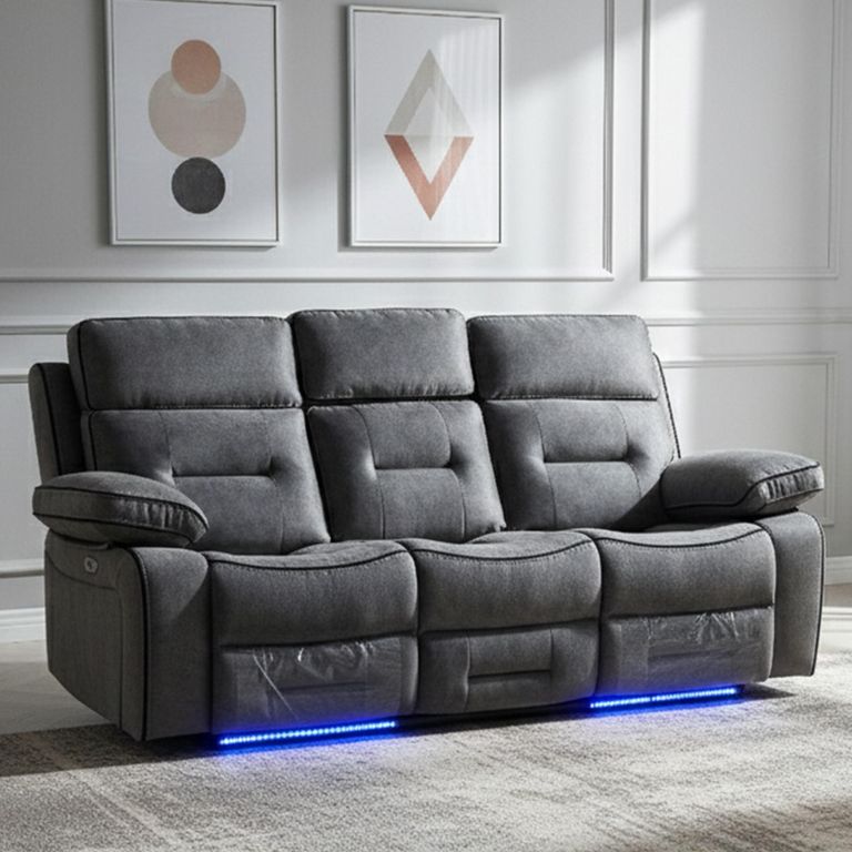 Foster Grey Fabric 3 Seater Recliner Sofa with LED Lights, Drop-Down Table & Cup Holders