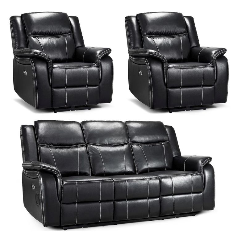 Galaxy Electric Recliner Sofa Set - Black Faux Leather - 3+1+1 Seater