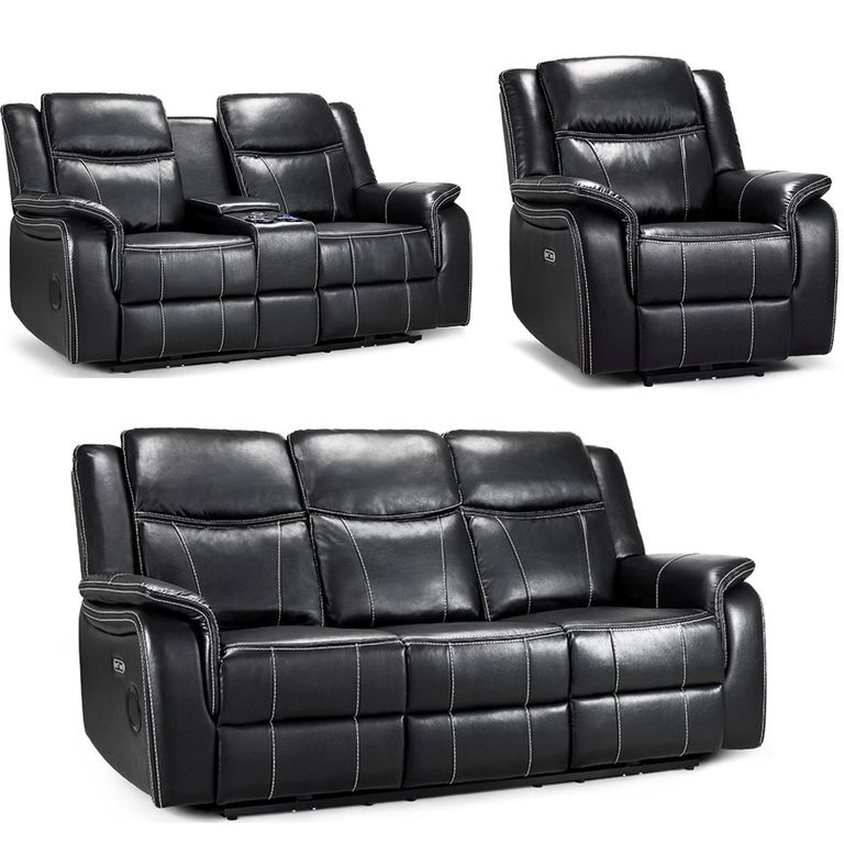 Galaxy Electric Recliner Sofa Set - Black Faux Leather - 3+2+1 Seater