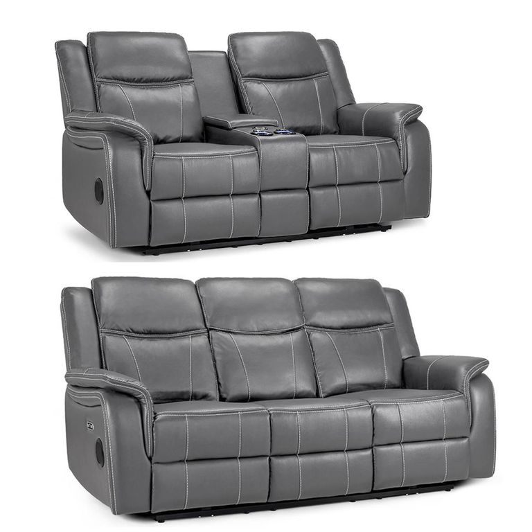 Galaxy Electric Recliner Sofa Set - Grey Faux Leather - 3+2 Seater