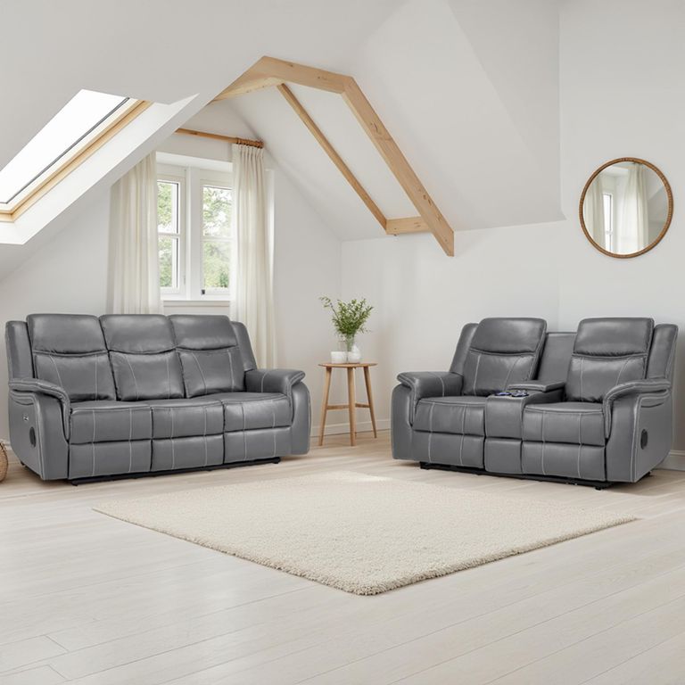 Galaxy Electric Recliner Sofa Set - Grey Faux Leather - 3+2 Seater