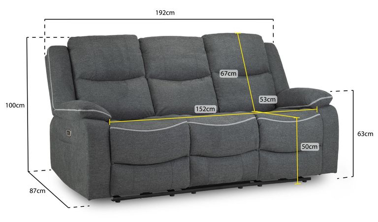 Harald Electric Recliner Sofa - Graphite Fabric - 3 Seater