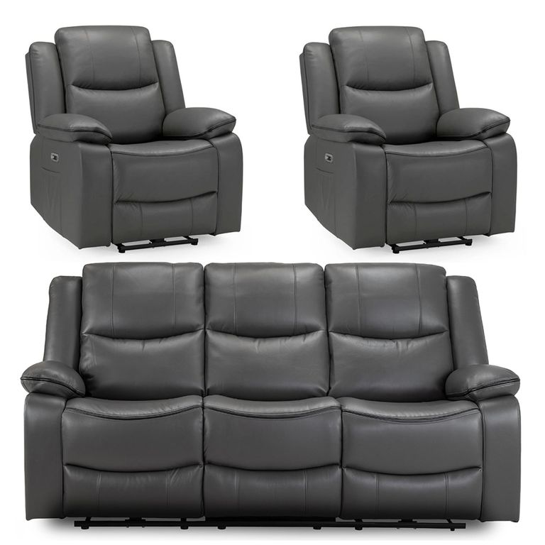 Harald Electric Recliner Sofa Set - Grey Faux Leather - 3+1+1 Seater