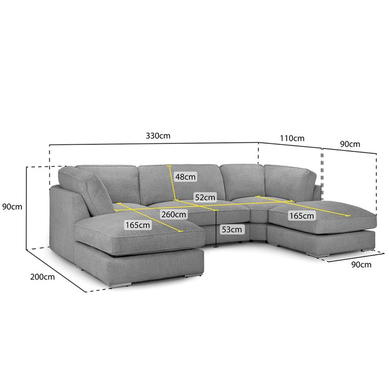 Inga U Shape Corner Sofa - Grey Fabric - Fullback