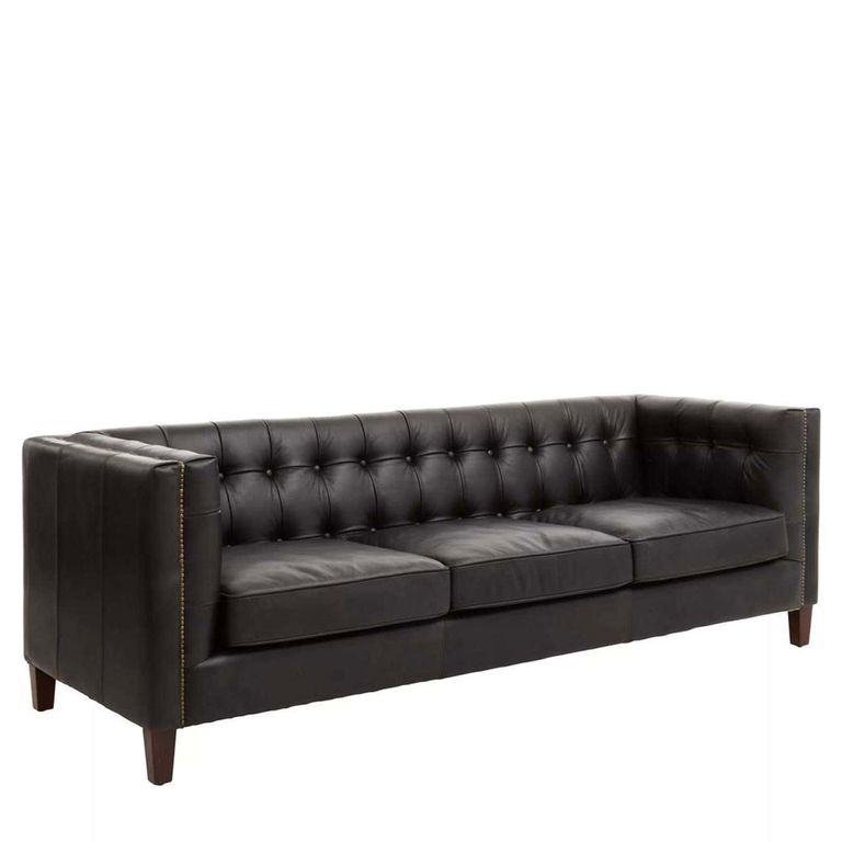 King Sofa - 3 Seater - Antique Ebony Leather with Tufted Back