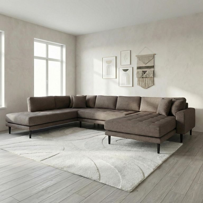 Lido U-Sofa - Open End - Brown - Fabric - Black Legs - RHF