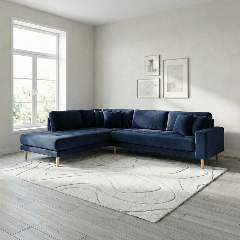 Lido Corner Sofa - Open End - Dark Blue - Velvet Fabric - Natural Legs - LHF