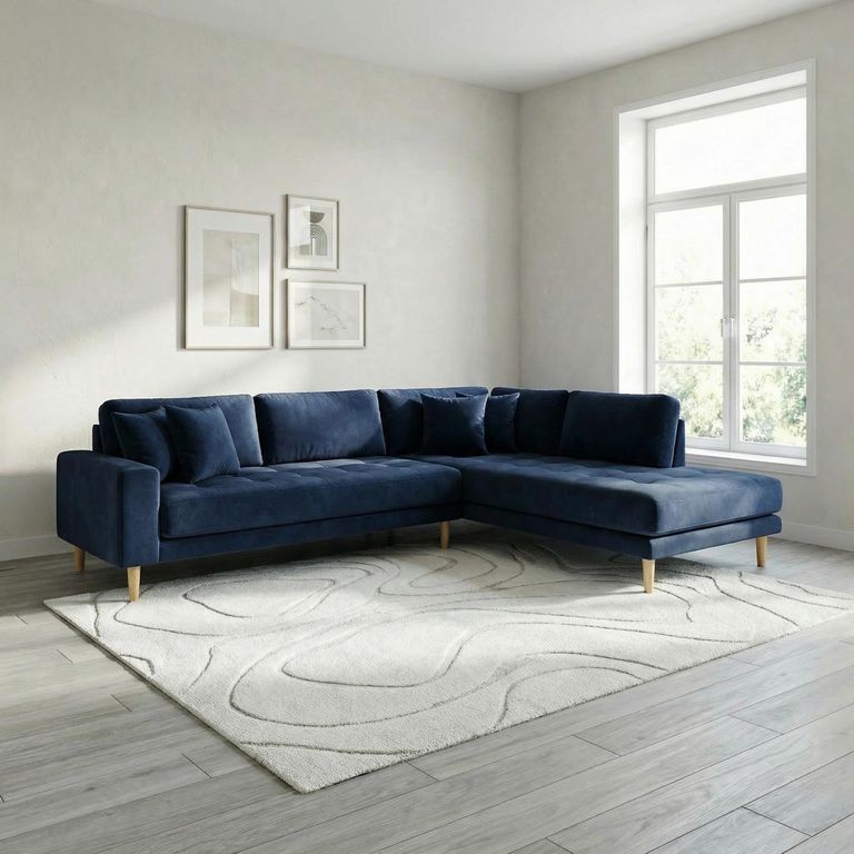 Lido Corner Sofa - Open End - Dark Blue - Velvet Fabric - Natural Legs - RHF