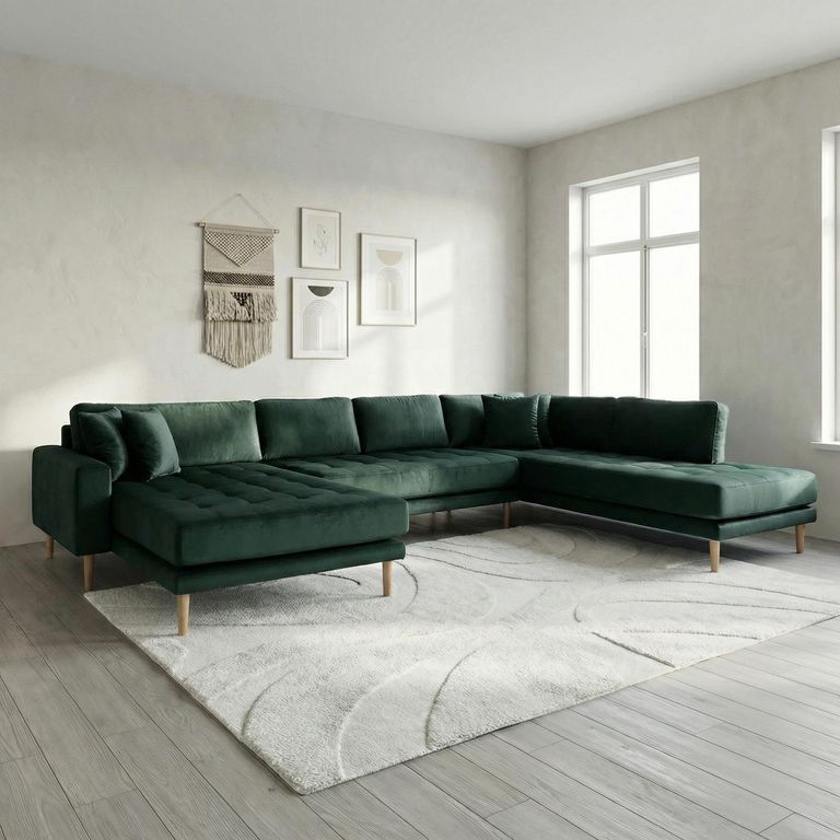 Lido U-Sofa - Open End - Dark Green - Velvet Fabric - Natural Legs - LHF