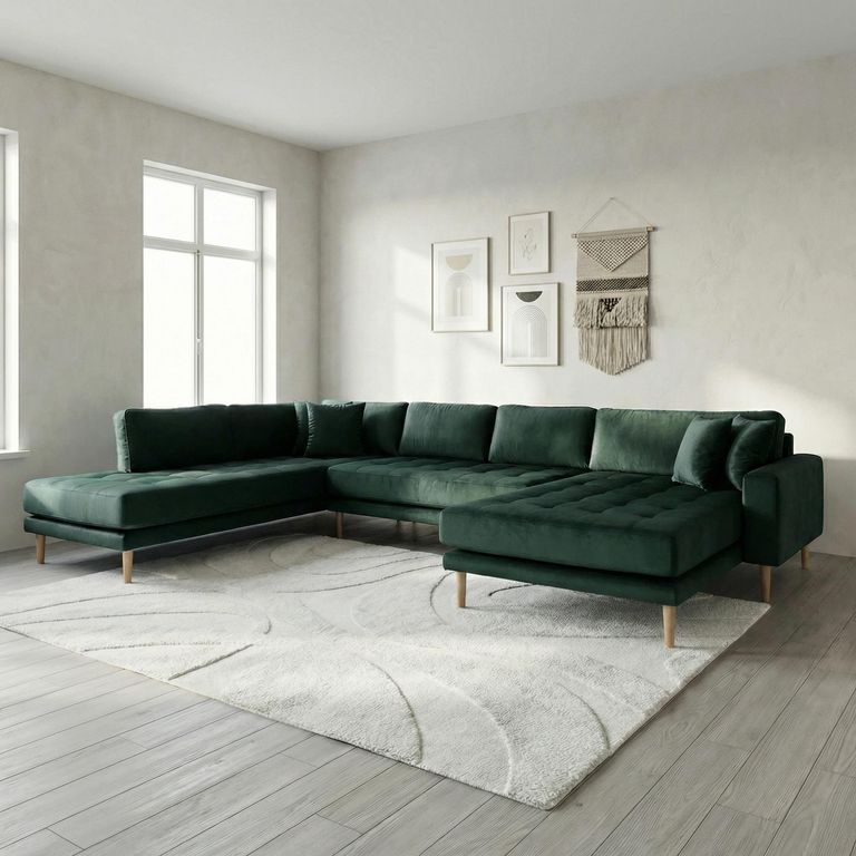 Lido U-Sofa - Open End - Dark Green - Velvet Fabric - Natural Legs - RHF