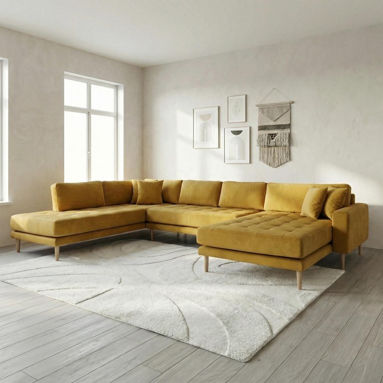 Lido U-Sofa - Open End - Mustard Yellow - Velvet Fabric - Natural Legs - RHF