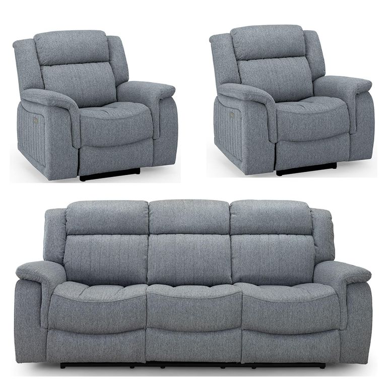 Linden Electric Recliner Sofa Set - Grey Fabric - 3+1+1 Seater