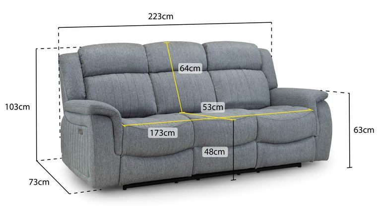 Linden Recliner Sofa - Grey Fabric - 3 Seater