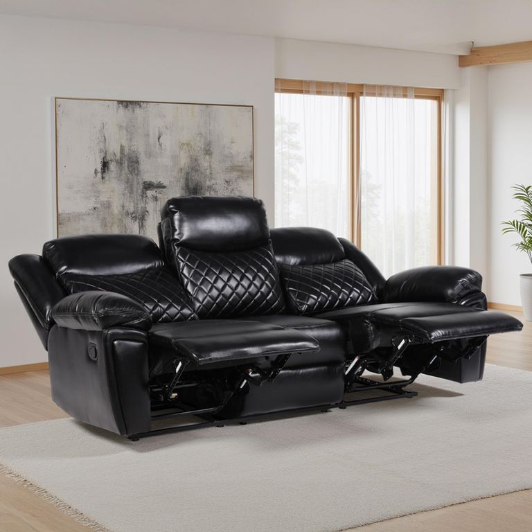 Myra Manual Recliner Sofa - Black Faux Leather - 3 Seater