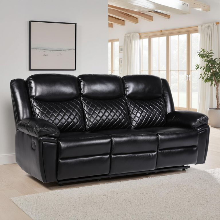 Myra Manual Recliner Sofa - Black Faux Leather - 3 Seater