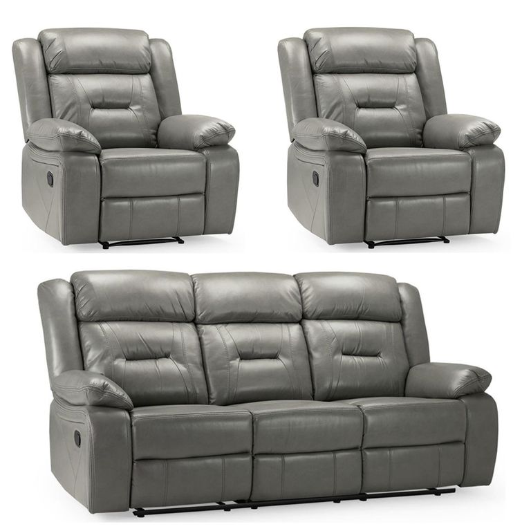 Novie Manual Recliner Sofa Set - Grey Faux Leather - 3+1+1 Seater