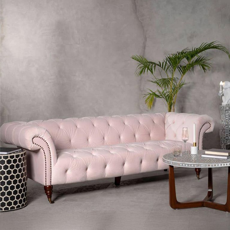 Suri Sofa - 3 Seater - Chesterfield - Pink Velvet Fabric - Studded