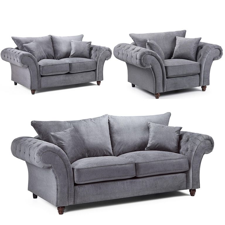 Windsor Sofa Set - Grey Fabric - Fullback - 3+2+1 Seater