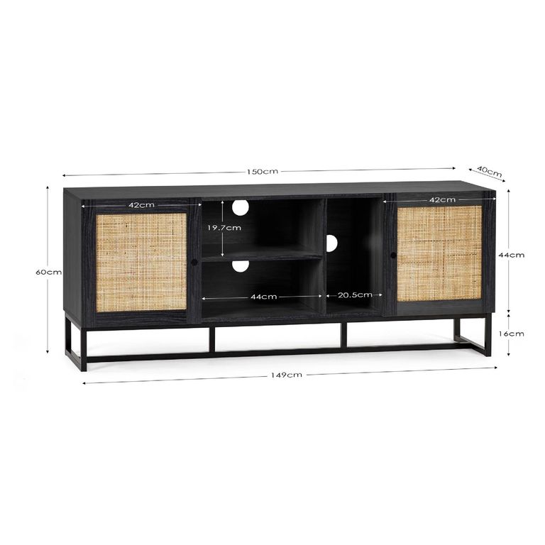 Padstow TV Unit - 150cm - Black and Rattan