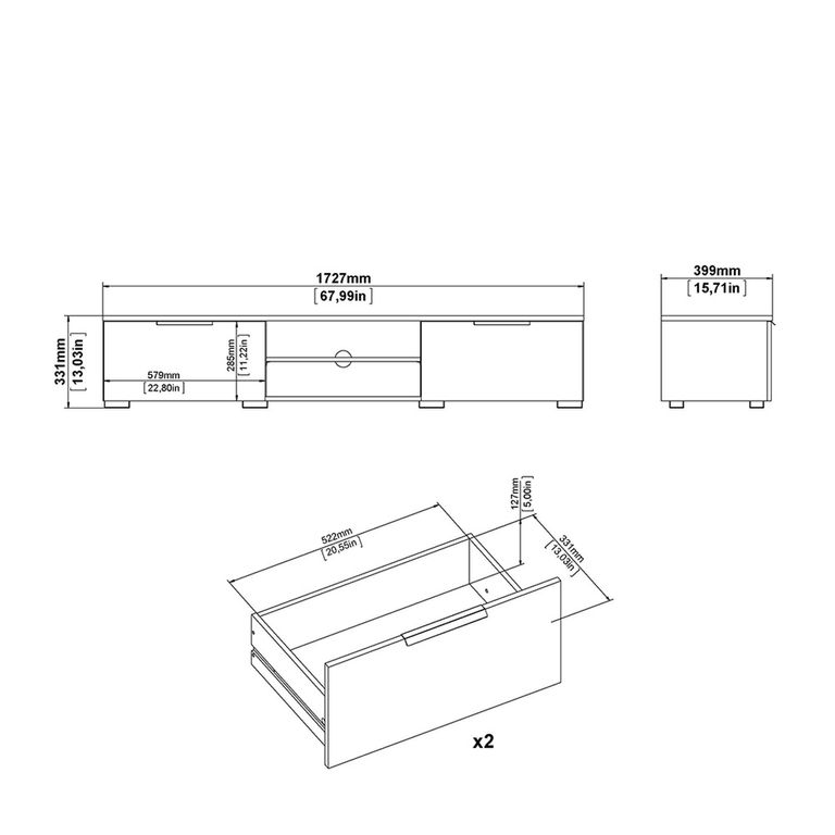 Match TV Unit - 2 Drawer - 1727cm - White Gloss