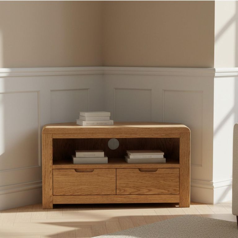 Thurlestone Curved Corner TV Unit - 2 Drawer - Oak