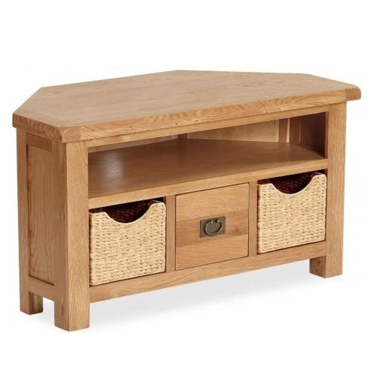 Salisbury Premium Corner TV Unit - 1 Drawer - with Baskets - Oak
