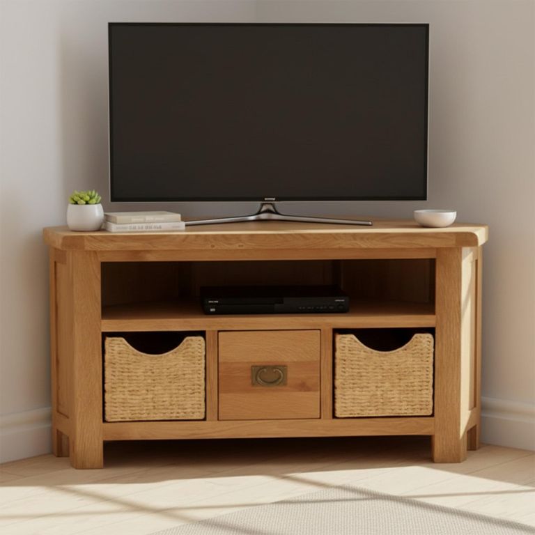 Salisbury Premium Corner TV Unit - 1 Drawer - with Baskets - Oak
