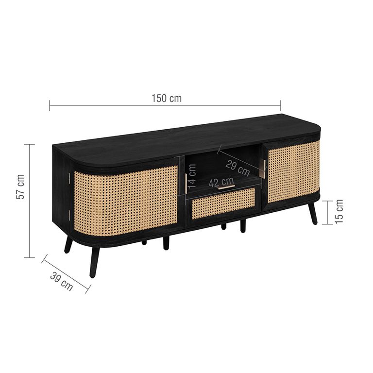 Noah TV Unit - 150cm - Black and Rattan