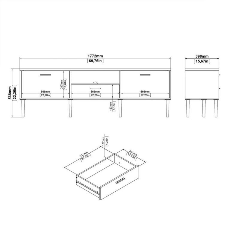 TV Unit - 2 Door - 1 Drawer - 177.2cm - Large - White