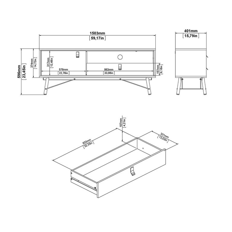 Ry TV Unit - 1 Door - 1 Drawer - 150cm - Black