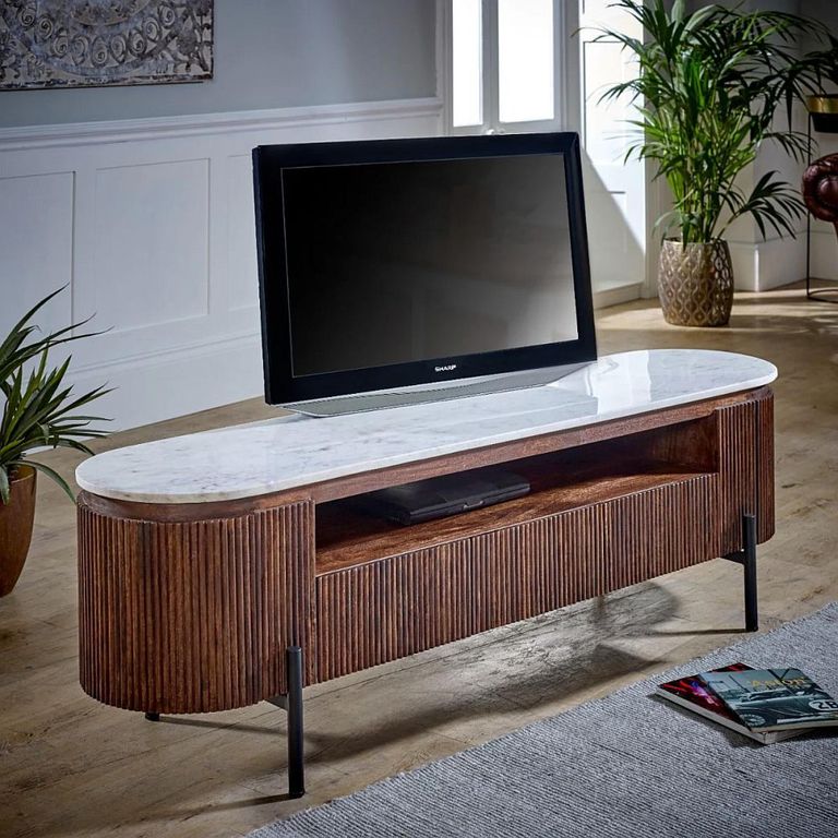 Opal Fluted TV Unit - 170cm - White Marble Top - Mango Wood