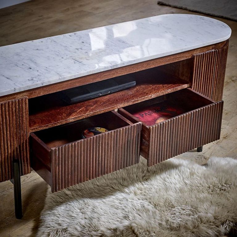 Opal Fluted TV Unit - 140cm - White Marble Top - Mango Wood