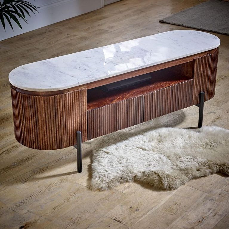 Opal Fluted TV Unit - 140cm - White Marble Top - Mango Wood