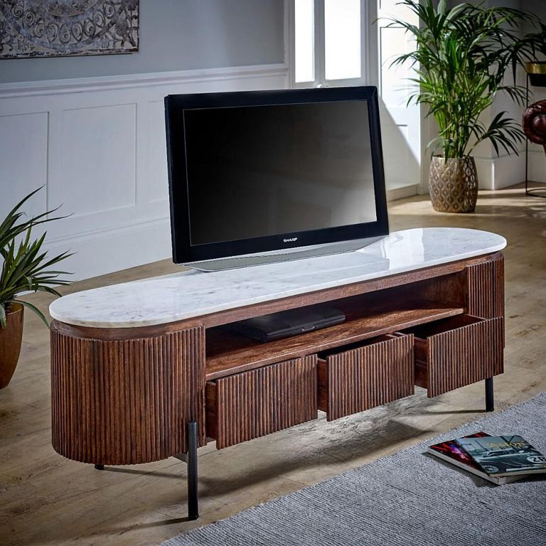 Opal Fluted TV Unit - 170cm - White Marble Top - Mango Wood