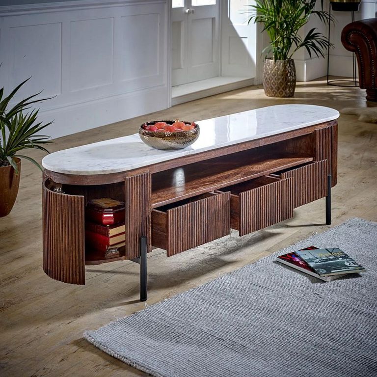 Opal Fluted TV Unit - 170cm - White Marble Top - Mango Wood