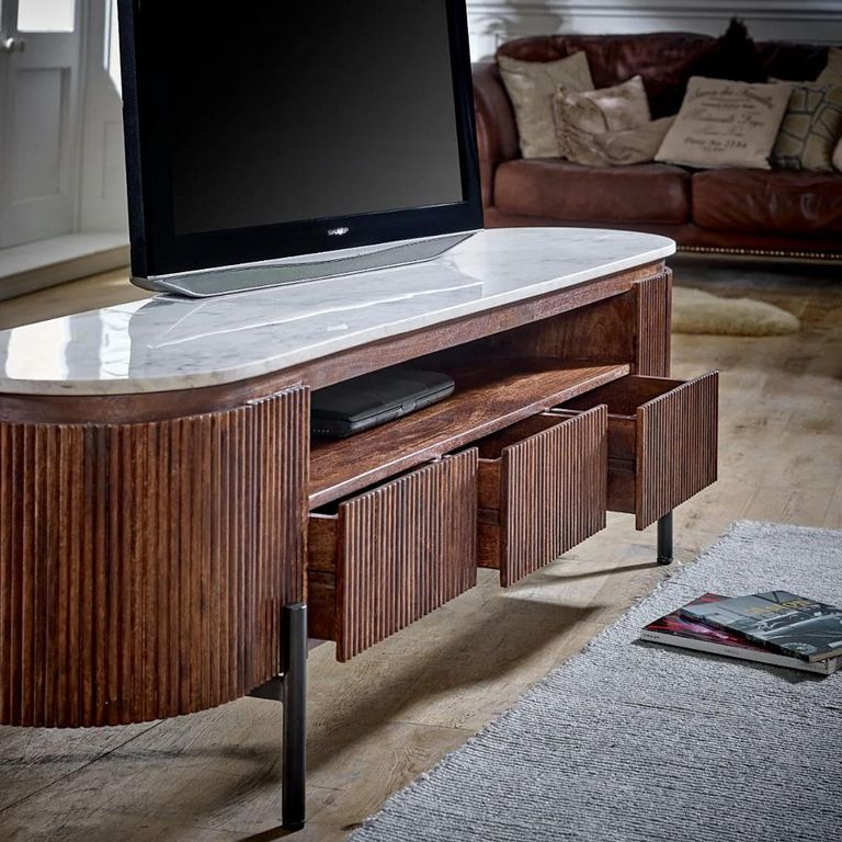 Opal Fluted TV Unit - 170cm - White Marble Top - Mango Wood