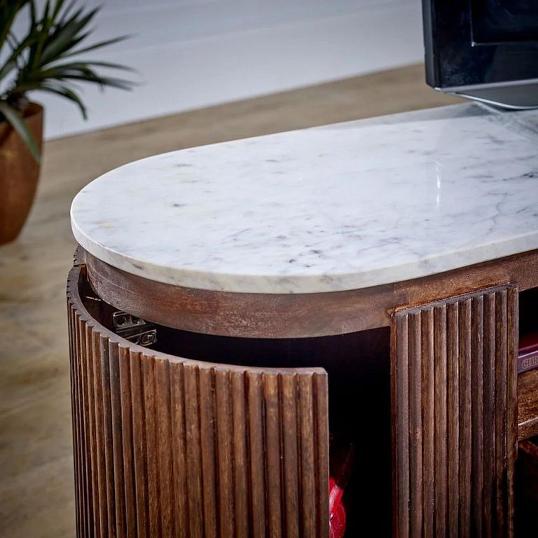 Opal Fluted TV Unit - 170cm - White Marble Top - Mango Wood