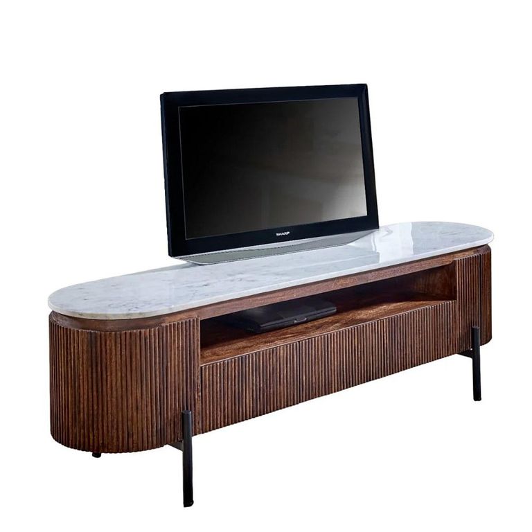 Opal Fluted TV Unit - 170cm - White Marble Top - Mango Wood