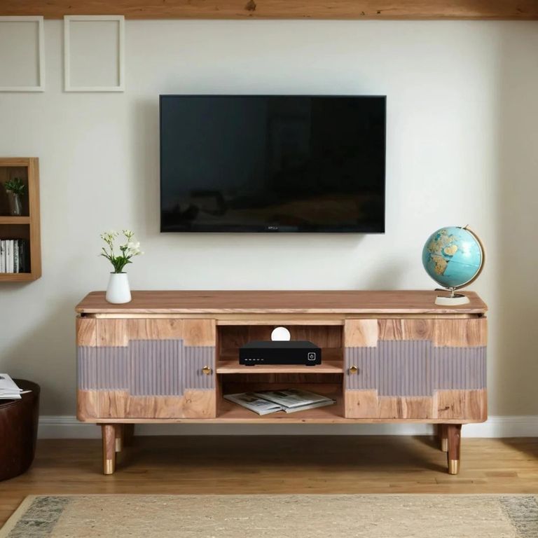 Wilton TV Unit - 145cm - Ribbed - Gold Trim - Acacia Wood
