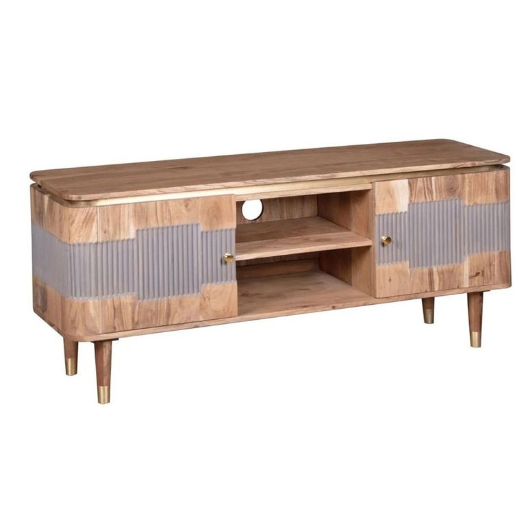 Wilton TV Unit - 145cm - Ribbed - Gold Trim - Acacia Wood