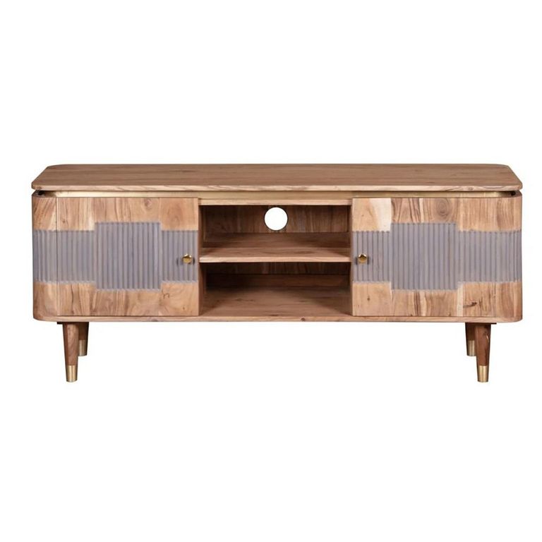 Wilton TV Unit - 145cm - Ribbed - Gold Trim - Acacia Wood