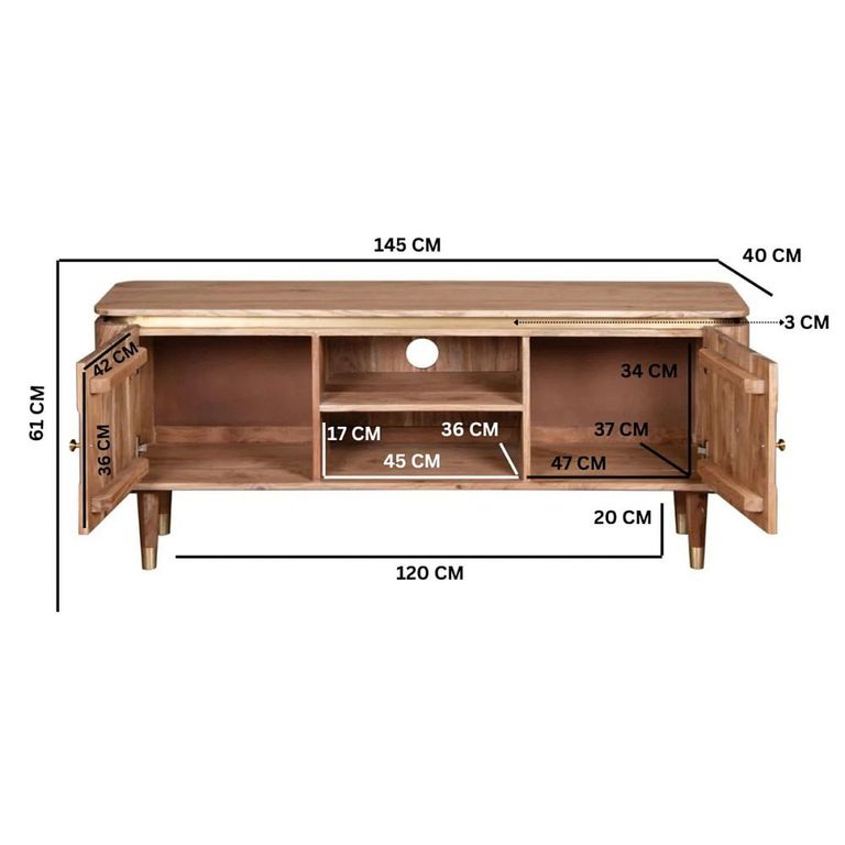 Wilton TV Unit - 145cm - Ribbed - Gold Trim - Acacia Wood
