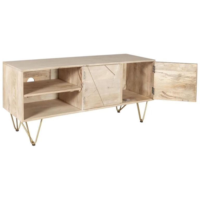 TV Unit - 140cm - Hairpin Legs - Gold Geometric Inlay - Light Mango Wood