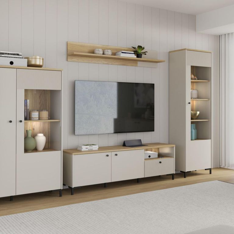 Bixbite TV Unit - 2 Door - 1 Drawer - 152.8cm - Fluted - Light Oak and Sand